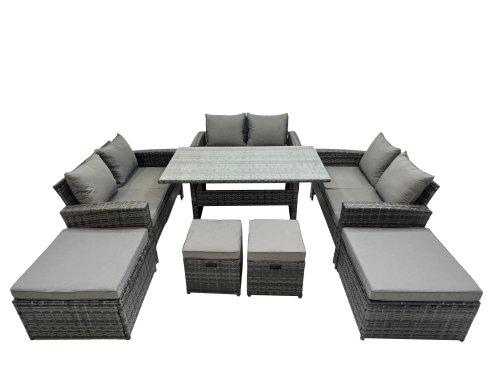 Fimous 10 Seater Wicker PE Rattan Furniture Outdoor Dining Table Double Seat Sofa 4 Stools Set Dark Grey Mixed