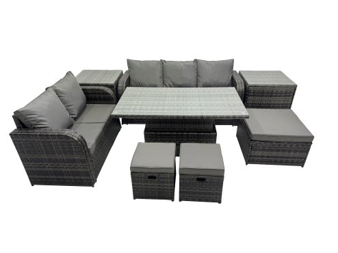 Fimous Rattan Garden Furniture Dining Set 8-seater Patio Height Adjustable Rising Lifting Table Sofa Set with 3 Footstools 2 Side Tables Dark Grey Mixed