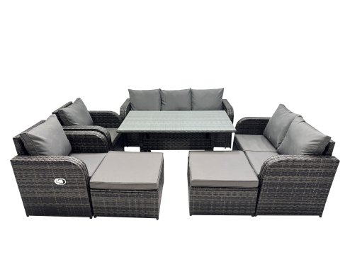 Fimous 9 Seat Outdoor Wicker PE Rattan Garden Furniture Set Dining Table Sofa Set with 2 Big Stools Dark Grey Mixed