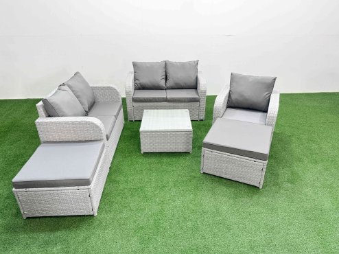 Fimous High Back Poly Rattan Garden Furniture Set with Reclining Chair Loveseat Sofa Square Coffee Table Indoor Outdoor Patio Set 2 Big Stool Light Grey