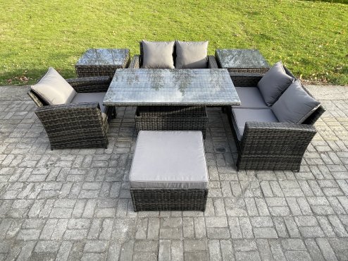 Fimous 7pcs Rattan Outdoor Garden Furniture Set Height Adjustable Rising Lifting Table Sofa Dining Set with 2 Side Tables Big Footstool Dark Grey Mixed