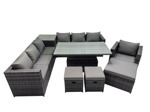 Fimous 10 Seater Outdoor Corner Sofa Height Adjustable Rising Lifting Table Set Garden Rattan Furniture Set with Side Table 3 Stool Dark Grey