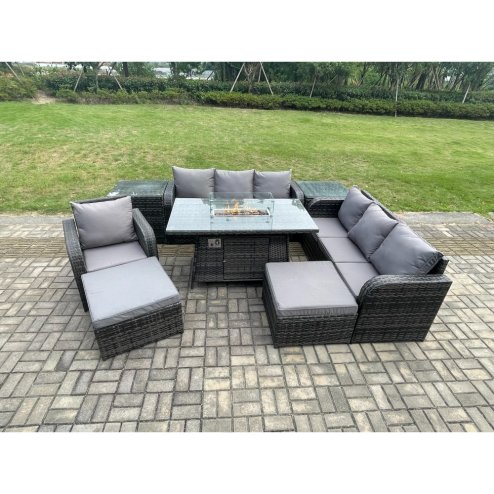 Fimous 9 Seater Rattan Garden Furniture Set Gas Fire Pit Dining Table Reclining Chair 3 Seater Sofa Set Indoor Outdoor with 2 Side Tables 2 Big Footstool