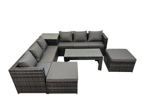 Fimous Garden Rattan Outdoor Furniture Set 8 Seater Patio Corner Sofa Oblong Coffee Table with 2 Big Stool Side Table Dark Grey