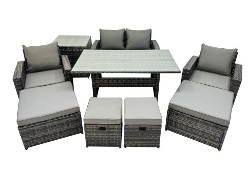 Fimous 8 Seater Wicker PE Rattan Furniture Outdoor Dining Table Double Seat Sofa Side Table 4 Stools Set Dark Grey Mixed