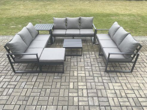 Fimous Aluminium 10 Seater Outdoor Garden Furniture Set Patio Lounge Sofa with Square Coffee Table Side Table Big Footstool Conservatory Set Dark Grey