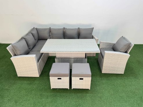 Fimous 9 Seat Rattan Outdoor Garden Furniture Corner Sofa Set Adjustable Lifting Dining or Coffee Table Set with 2 Small Footstools Light Grey