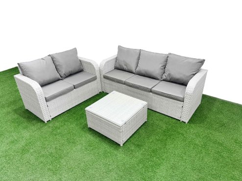 Fimous 5 Seater PE Rattan Wicker Garden Furniture Patio Conservatory Sofa Set with Square Coffee Table 3 Seater Sofa Love Sofa