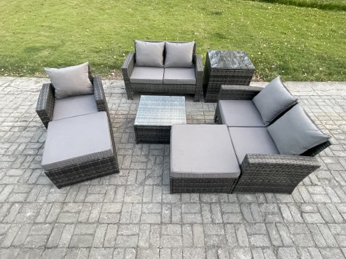 Fimous 7 Seater Outdoor Rattan Garden Furniture Set Conservatory Patio Sofa Coffee Table Set with Chair Side Table 2 Big Footstool Dark Grey Mixed
