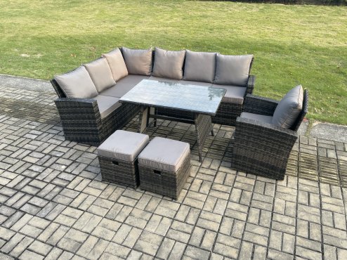 Fimous 9 Seater Outdoor Furniture Garden Dining Set Rattan Corner Sofa Set with 2 Small Footstools Dark Grey Mixed