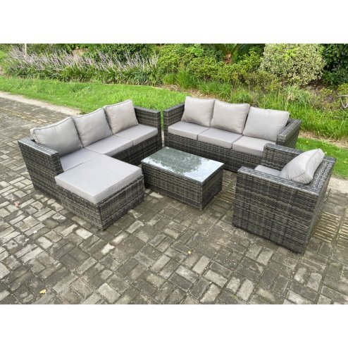 Fimous 8 Seater Rattan Garden Furniture Set Indoor Outdoor Patio Sofa Set with Oblong Coffee Table Armchair Big Footstool Dark Grey Mixed