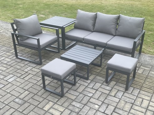 Fimous Aluminium Outdoor Garden Furniture Set Patio Lounge Sofa Chair Set with Square Coffee Table Side Table 2 Small Footstools Conservatory Set Dark Grey