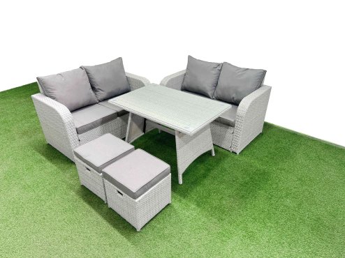 Fimous 6 Seater Outdoor Love Sofa Set Rattan Garden Furniture Set with Rectangular Dining Table 2 Small Footstool Light Grey