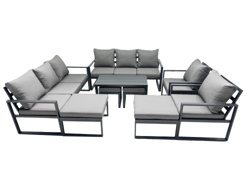 Fimous Outdoor Garden Furniture Set Aluminium Lounge 3 Seat Sofa Oblong Coffee Table Sets with 2 Chairs 4 Stools Dark Grey