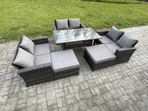 Fimous High Back Outdoor Garden Furniture Rattan Sofa Dining Table Set with 2 Big Footstool Dark Grey Mixed