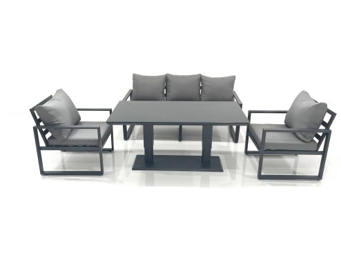 Fimous Outdoor Aluminium Garden Furniture Set with Adjustable Rising Lifting Dining Table 3 Seater Sofa 2 Chair Dark Grey