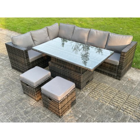 Fimous 8 Seat Dark Mixed Grey Rattan Garden Furniture Corner Sofa Set Adjustable Dining Or Coffee Table Left Side