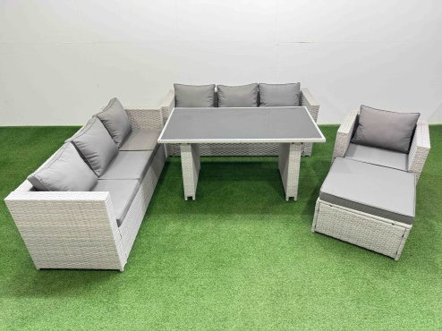 Fimous Patio Garden Furniture Sets with Black Glass Top Dining Table 3 Seater Sofa Armchair Big Stool Light Grey