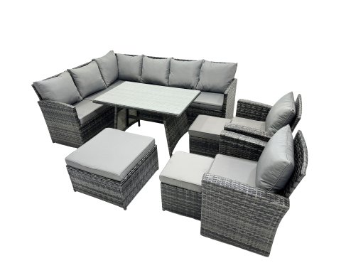 Fimous 11 Seat Poly Rattan Outdoor Patio Oblong Dining Table Corner Sofa Set with 3 Stool 2 Chairs for Garden Backyard Dark Grey Mixed