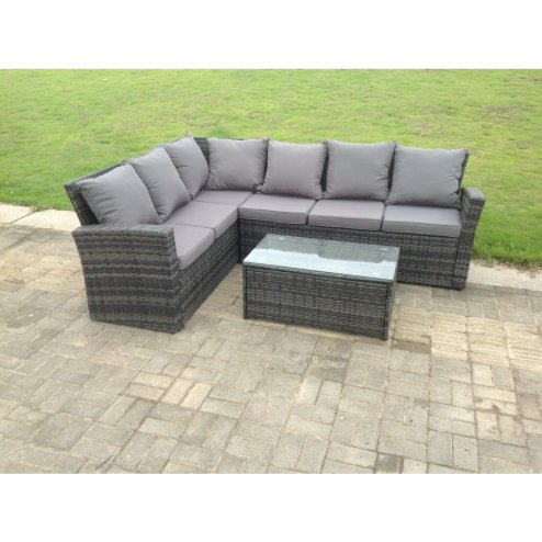 Fimous High Back Rattan Corner Sofa Set Oblong Coffee Table Outdoor Furniture dark Grey Left Option