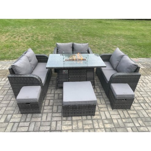 Fimous 9 Seater Outdoor Rattan Furniture Garden Dining Set Gas Fire Pit Table with Love Sofa 3 Footstools Dark Grey Mixed