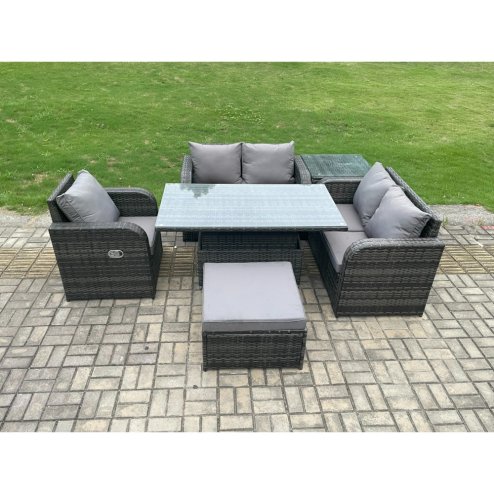 Fimous Wicker PE Rattan Furniture Garden Dining Set Outdoor Height Adjustable Rising lifting Table Love Sofa With Reclining Chair Side Tables Big Footstool
