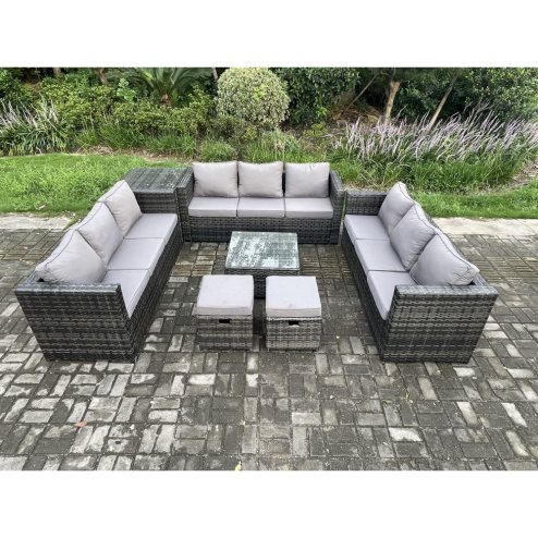 Fimous 11 Seater Outdoor Rattan Garden Furniture Set Patio Lounge Sofa Set with Side Table Square Coffee Table 2 Small Footstool Dark Grey Mixed