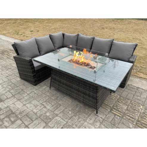 Fimous Outdoor Rattan Corner Sofa Garden Furniture High Back Sofa Set Gas Fire Pit Dining Table Gas Heater Burner 6 Seater