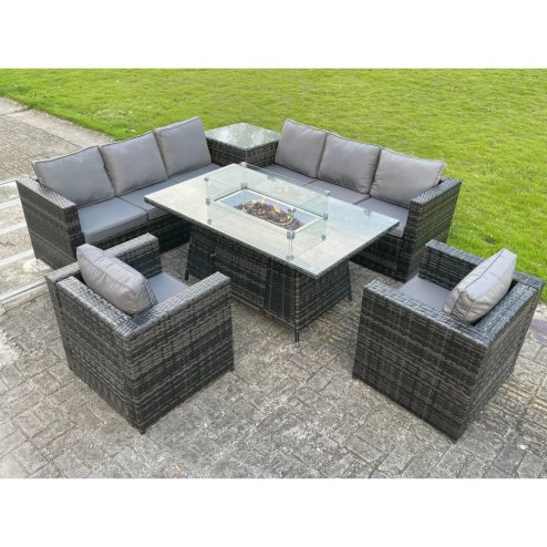 Fimous Outdoor Rattan Garden Corner Furniture Gas Fire Pit Dining Table Gas Heater Sets Lounge Chairs Side Table Dark Grey 8 Seater