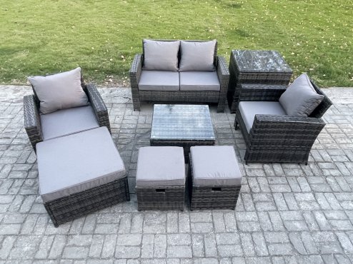 Fimous Rattan Wicker Garden Furniture Patio Conservatory Sofa Set with Square Coffee Table Armchair 2 Seater Sofa 3 Footstools Side Table