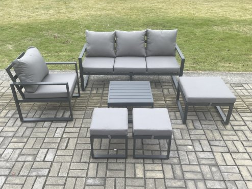 Fimous Aluminium Outdoor Garden Furniture Set Lounge Sofa Chair Square Coffee Table Sets with 3 Footstools Dark Grey