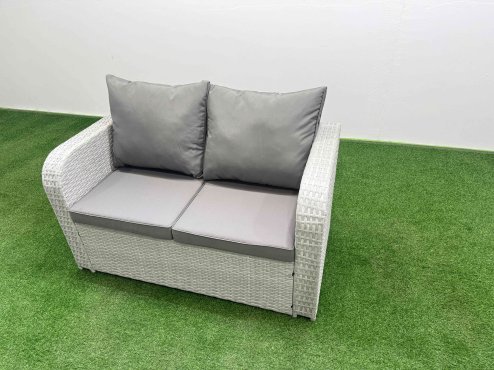 Fimous High Back Poly Rattan Garden Furniture Set with Reclining Chair Loveseat Sofa Rectangular Dining Table Indoor Outdoor Patio Set 2 Big Stool Side Table Light Grey