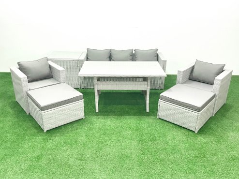 Fimous Garden Dining Set Outdoor Rattan Furniture Set with Sofa Dining Table 2 Chairs 2 Big Footstools Side Table Light Grey Mixed
