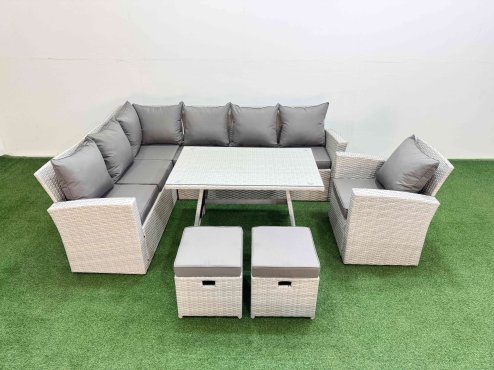 Fimous Garden Outdoor Rattan Furniture Set Rattan Corner Sofa Oblong Dining Table with Armchair Light Grey Mixed 9 Seater