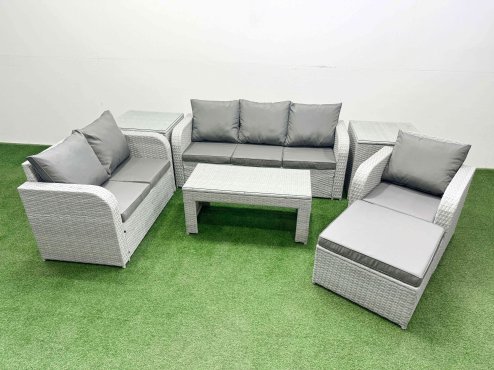 Fimous Patio PE Wicker 7 Seater Outdoor Rattan Furniture Sofa Sets with Oblong Coffee Table Reclining Chair Loveseat Sofa 3 Seater Sofa Big Footstool 2 Side Table Light Grey