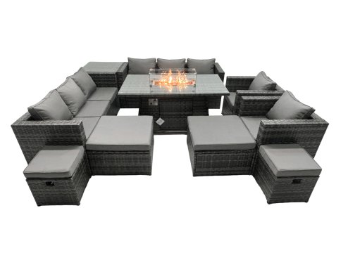 Fimous Rattan Garden Furniture Firepit Dining Set 12 Seater Lounge Sofa Table Set with side table 2 big Footstool