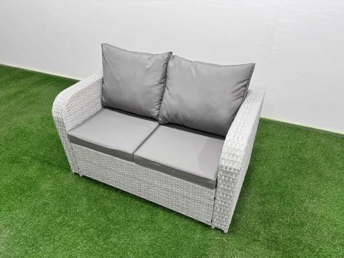 Fimous High Back Poly Rattan Garden Furniture Set with Reclining Chair Loveseat Sofa Adjustable Lifting Dining or Coffee Table Indoor Outdoor Patio Set Light Grey