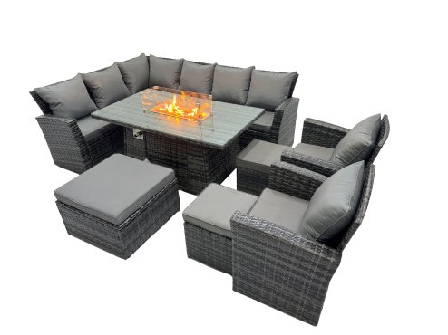 Fimous Poly Rattan Outdoor Patio Gas Firpit Dining Table Corner Sofa Set with 3 Stools 2 Chairs for Garden Backyard Dark Grey Mixed