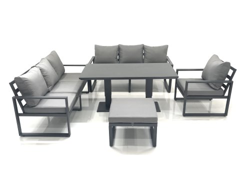 Fimous Outdoor Garden Furniture Set Aluminium Lounge Sofa Adjustable Rising Lifting Dining Table Sets with Big Footstool Dark Grey