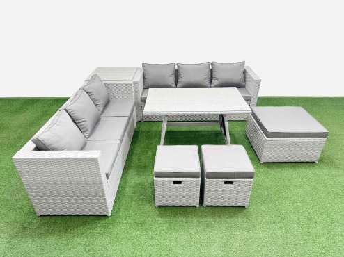 Fimous Rattan Garden Furniture Dining Set 9-seater Patio Rectangular Table 3 Seater Sofa Set with Side Table 3 Stools Light Grey