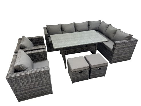 Fimous Rattan Garden Furniture Set Outdoor 10 Seater Patio Dining Corner Sofa Sets with Dining Table 2 Chairs 2 Small Stools Dark Grey Mixed