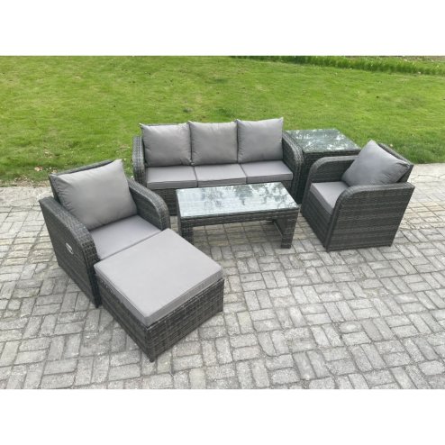 Fimous Wicker PE Rattan Garden Furniture Set Outdoor Lounge Sofa Set with Reclining Chair Coffee Table Side Table Big Footstool Dark Grey Mixed
