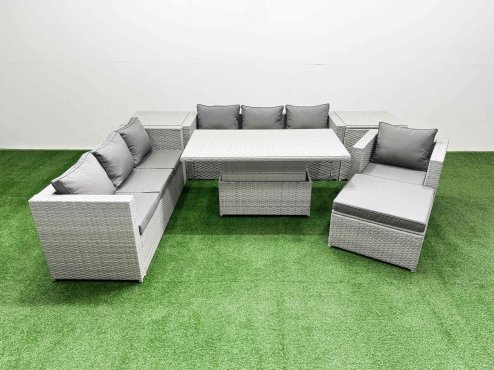 Fimous 7 PCs Rising Dining Table Set Rattan Furniture Set with 3 Seater Sofa Chair 2 Side Tables Big Footstool Light Grey