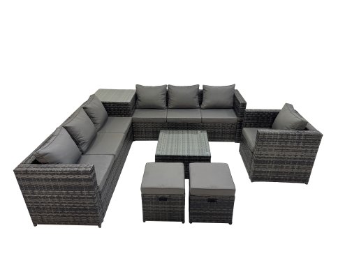 Fimous 9 Seater Garden Outdoor Rattan Furniture Set Patio Corner Sofa Coffee Table with Side Table 2 Small Stool Dark Grey