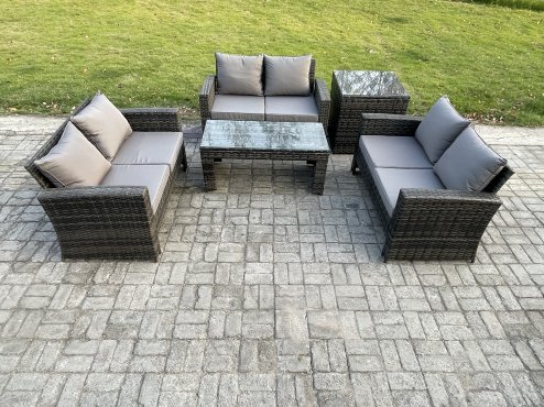 Fimous 6 Seater Rattan Wicker Garden Furniture Patio Conservatory Sofa Set with Coffee Table Double Seater Sofa Side Table