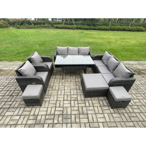 Fimous Outdoor Garden Patio Furniture Wicker Rattan Oblong Rectangular Dining Table and Lounge Sofa set with Adjustable Chair 3 Footstool Dark Grey Mixed
