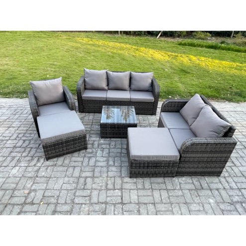 Fimous 8 Seater High Back Rattan Garden Furniture Set with Square Coffee Table 2 Big Footstool Indoor Outdoor Patio Lounge Sofa Set Dark Grey Mixed