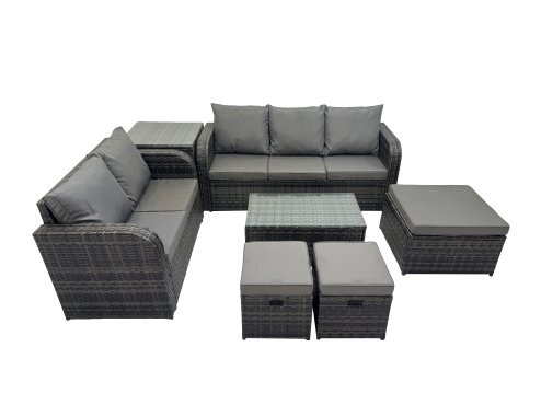 Fimous Outdoor Love Sofa 3 Seater Sofa Coffee Table Set Garden Rattan Furniture Set 8 Seater with Side Table 3 Stools Dark Grey