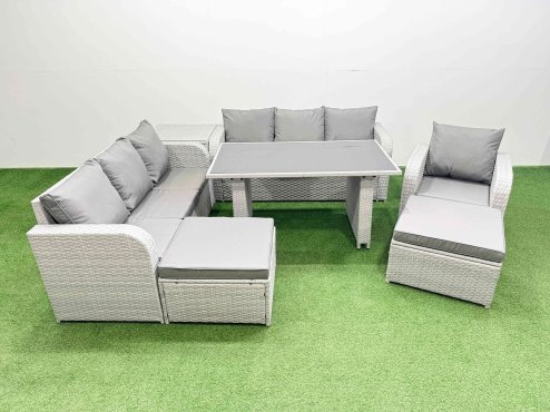 Fimous Rattan Garden Furniture Dining Set 9-seater Patio Rectangular Table Sofa Set with Side Table 2 Big Stools Light Grey