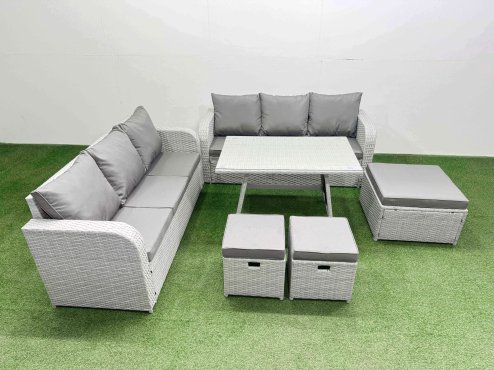 Fimous Patio Dining Table & Chairs Set Rattan High Back Lounge Sofa Set with 3 Seater Sofa 3 Stool Light Grey